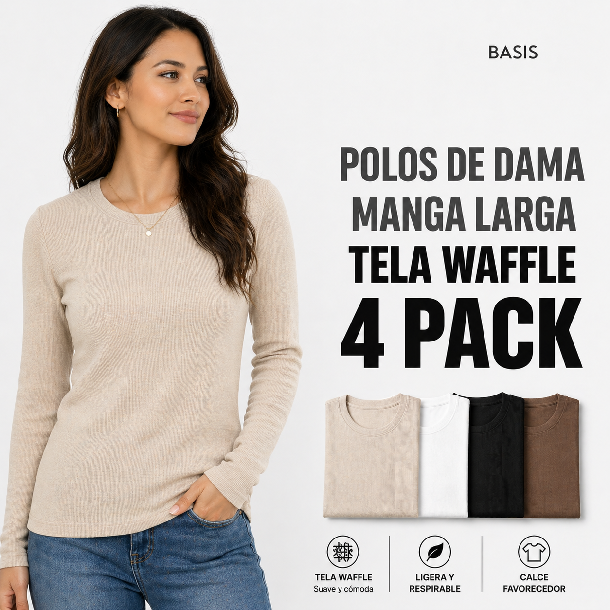 4-Pack Polos Manga Larga Waffle Dama
